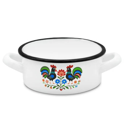 Emaille Kookpan 12 cm 0,6 Liter – Wit met Folk Haanmotief – Geëmailleerde Pan met Twee Handgrepen