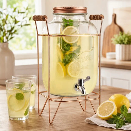 Drankdispenser 5 Liter met Kraantje en Gouden Standaard – Glazen Sapdispenser – Limonadedispenser voor Water, IJsthee & Cocktails