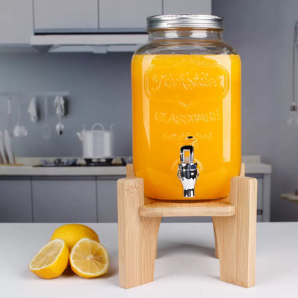 Drankdispenser 4 Liter met Kraantje en Houten Standaard – Glazen Sapdispenser – Limonadedispenser voor Water, Sap & IJsthee