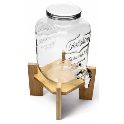 Drankdispenser 4 Liter met Kraantje en Houten Standaard – Glazen Sapdispenser – Limonadedispenser voor Water, Sap & IJsthee