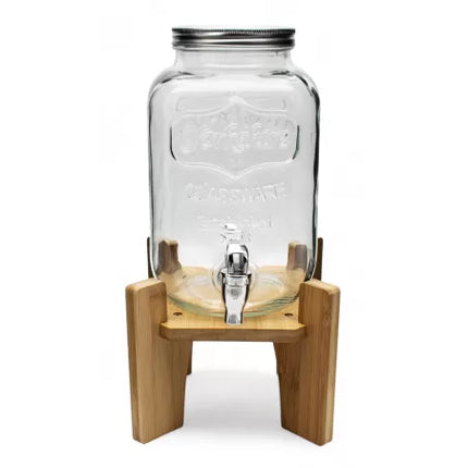 Drankdispenser 4 Liter met Kraantje en Houten Standaard – Glazen Sapdispenser – Limonadedispenser voor Water, Sap & IJsthee