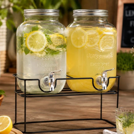 Drankdispenser Set 2x 4 Liter met Kraantje en Standaard – Dubbele Glazen Sapdispenser 8 Liter – Limonadedispenser voor Water, IJsthee, Cocktails & Feestjes – Zwart