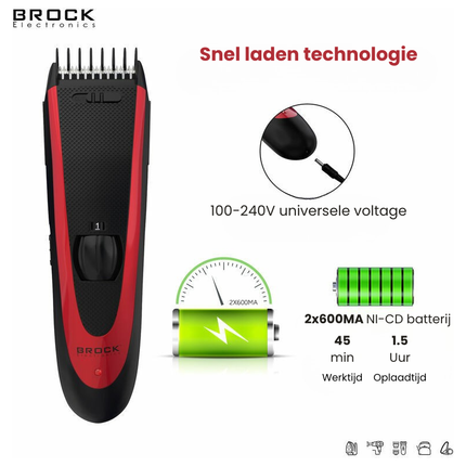 Brock Tondeuse & Trimmer voor Mannen – Draadloze Haartrimmer & Baardknipper – 24 Lengtestanden – RVS Mes – 45 Min – Rood