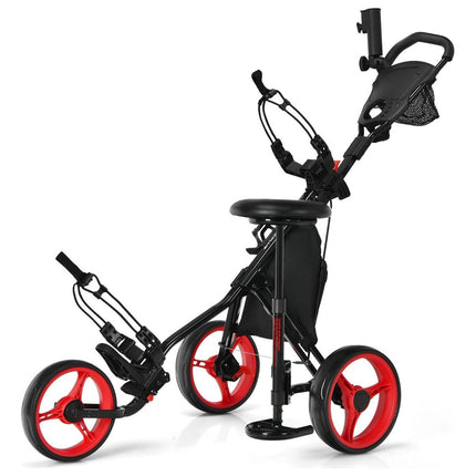 Trendmix Golf trolley Met 3 Wielen Verstelbaar Lichtgewicht - Golfwagen Met Parapluhouder, Zitje En Opbergtas Rood/Zwart 130 x 75 x 98,5-115,5 cm