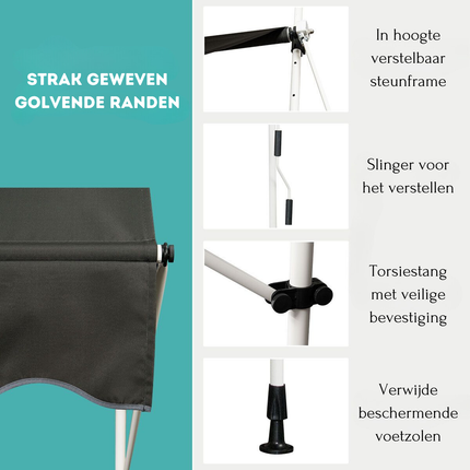 Trendmix Uitschuifbare Klemluifel 150×120 cm – Donkergrijs – Zonnescherm Zonder Boren – UV-bestendig – In Hoogte Verstelbaar tot 300 cm