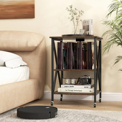 Platenspeler Meubel Met 2 Geïntegreerde Stopcontacten – Vinyl Opbergkast voor 250 LP's – Verrijdbare Platenkast met USB-A & USB-C – Industrieel Bruin