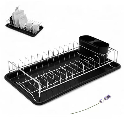 Afdruiprek Zwart met Lekbak en Bestekhouder – Compact RVS Afwasrek voor Borden, Glazen en Servies – MH-8075C