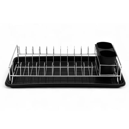 Afdruiprek Zwart met Lekbak en Bestekhouder – Compact RVS Afwasrek voor Borden, Glazen en Servies – MH-8075C
