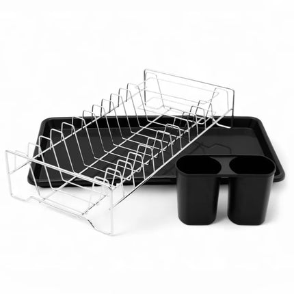 Afdruiprek Zwart met Lekbak en Bestekhouder – Compact RVS Afwasrek voor Borden, Glazen en Servies – MH-8075C