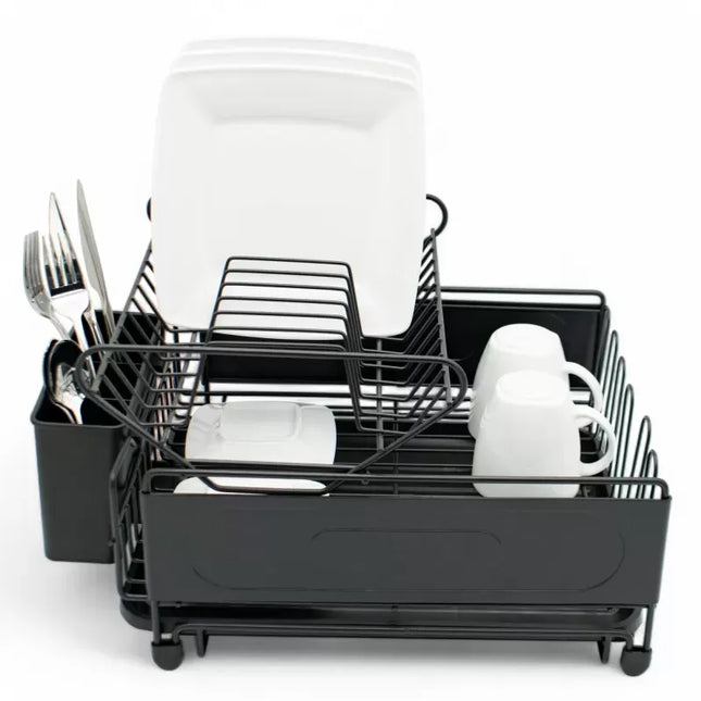 Afdruiprek 2 Laags met Lekbak en Bestekhouder – RVS Afwasrek Zwart voor Borden, Glazen, Mokken en Servies – MH-311058P