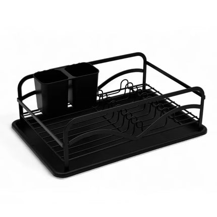 Afdruiprek Zwart met Lekbak en Bestekhouder – Afwasrek RVS voor Borden, Glazen, Mokken en Servies – 42 cm – MH-312019P