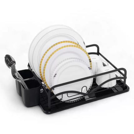 Afdruiprek Zwart met Lekbak en Bestekhouder – Afwasrek RVS voor Borden, Glazen, Mokken en Servies – 42 cm – MH-312019P