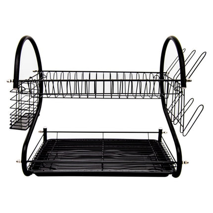 Afdruiprek 2 Laags Zwart met Lekbak, Bestekhouder en Bekerhouder – RVS Afwasrek voor Servies, Borden & Glazen – MH-8012