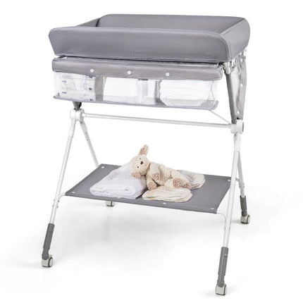 Baby Joy 4-in-1 Inklapbare Babycommode – Grijs – Verstelbaar – Met Wielen, Veiligheidsgordel & Opbergruimte – Luiertafel