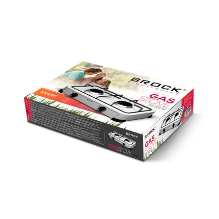 BROCK 2-Pits Draagbaar Gasfornuis – Camping Kooktoestel op LPG (Butaan/Propaan) – Gietijzer – Wit – 46,6 x 25,7 x 6,3 cm
