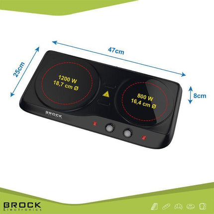 BROCK 2-Pits Infrarood Elektrische Kookplaat – 1200 + 800W – Glazen Platen – Compact & Krachtig – Zwart