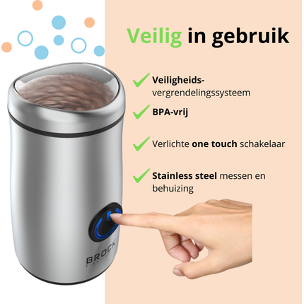 Brock Elektrische Koffiemolen 150W Zilver – Voor Koffiebonen, Kruiden, Noten & Specerijen – Stil, Snel & BPA-vrij – RVS Mes