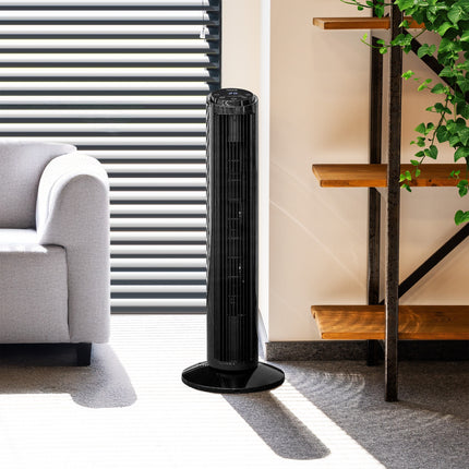 Teesa Torenventilator Zwart 74 cm – Compacte Kolomventilator met Oscillatie & 3 Snelheden – Stille Staande Ventilator voor Slaapkamer, Kantoor of Woonkamer – Energiezuinig, Modern Design