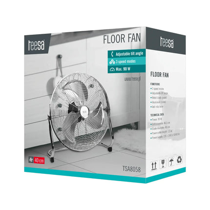 Teesa Vloerventilator 40 cm – Krachtige 50W Compacte Vloerventilator met 3 Snelheden, 90° Oscillatie en Kantelbare Kop – Geruisarme Luchtcirculatie voor Thuis, Werkplaats of Kantoor