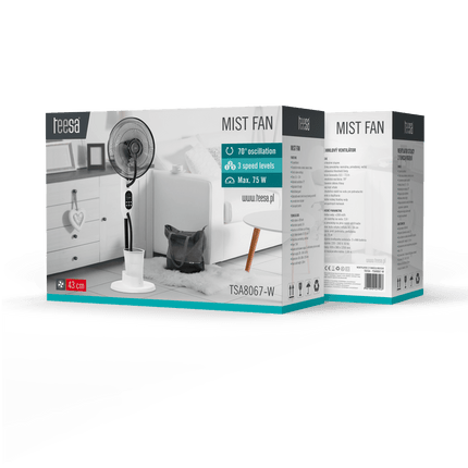 Teesa Staande Ventilator met Vernevelingsfunctie Wit – Mistventilator – 3 Snelheden – Afstandsbediening – 2,8 Liter Watertank