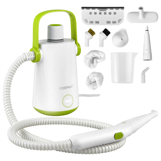 Costway Handstoomreiniger 1000W – Groen/Wit – 300 ml – 12 min Stoom – 10-delige Accessoireset – Voor Tapijt, Ramen & Bekleding