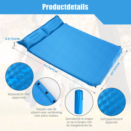 Go Plus Zelfopblazende Slaapmat 2-Persoons – Met Ingebouwde Kussens – Waterdicht & Lichtgewicht – Ideaal voor Kamperen, Hiken & Outdoor Reizen – Blauw