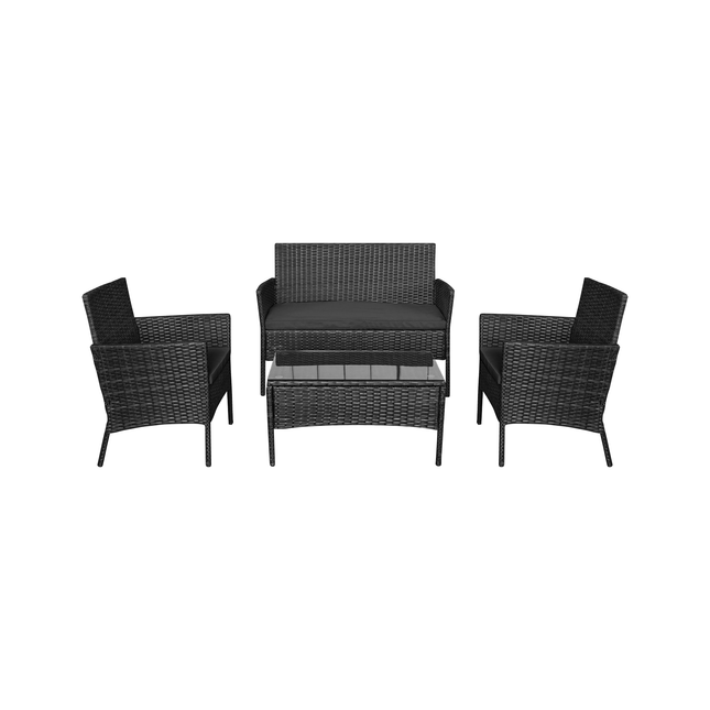 Teesa Rose 4-delige Rattan Tuin Loungeset Zwart - Meubelset met Bankje - Balkonmeubelset Fauteuils - Tafel loungeset