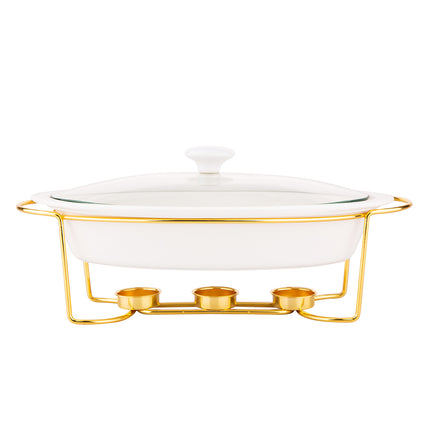 Altom Chafing Dish Buffetwarmer Ovaal 1.4L - Warmhoudplaat - Warmhoudbak Porselein - Goud/Wit