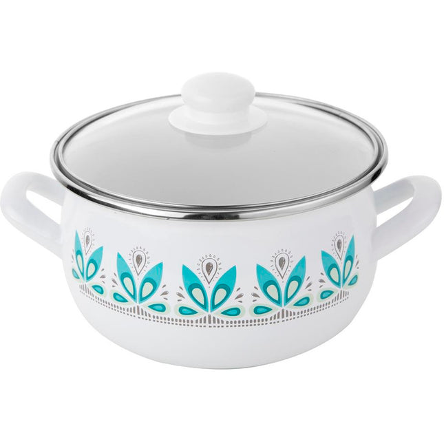 Emalia Camellia kookpan – 16 cm – 2,2 L – Wit/Groen – Geëmailleerd staal – Inclusief glazen deksel
