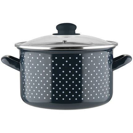 Emalia Retro Dark Blue kookpan – 22 cm – 5,3 L – Donkerblauw/Wit – Geëmailleerd staal – Inclusief glazen deksel