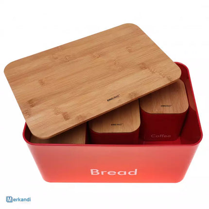 Kinghoff KH-1085 broodtrommel set rood RVS met hout 35 x 23 x 18,5 cm
