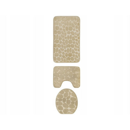 Antislip Badkamermatten Set 3-Delig – Crème 3D Stone Look Polyester Badmat & WC-Mat Set Met Veilige Grip