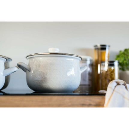 Emalia Diamond kookpan – 18 cm – 3,0 L – Wit – Retro geëmailleerd staal – Inclusief glazen deksel