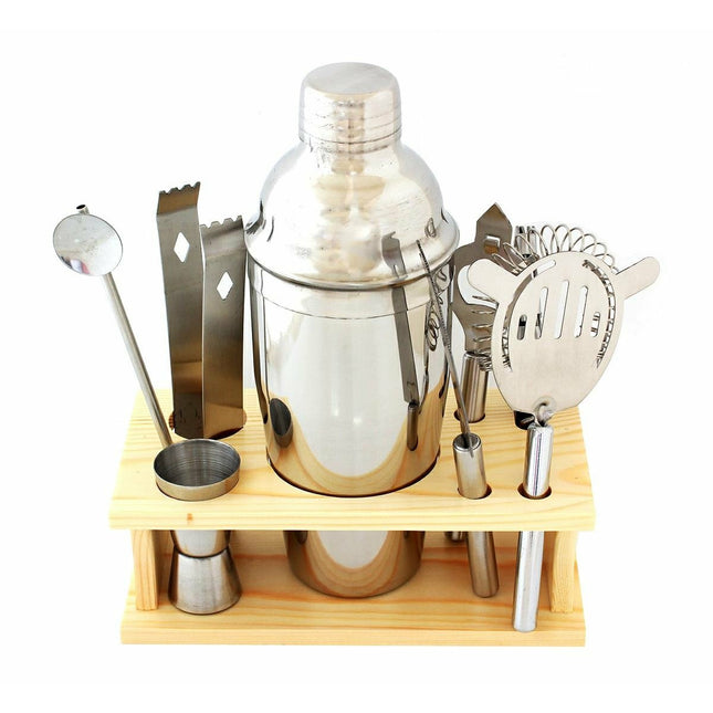 Luxe 9‑delige Cocktail Shaker Set met Bamboe Standaard – RVS Bartenderset – Mixkit voor Thuisbar en Professionele Bartender
