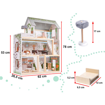 Zeer luxe grote houten poppenhuis/ speelhuis met meubels in boho stijl met LED verlichting78 cm