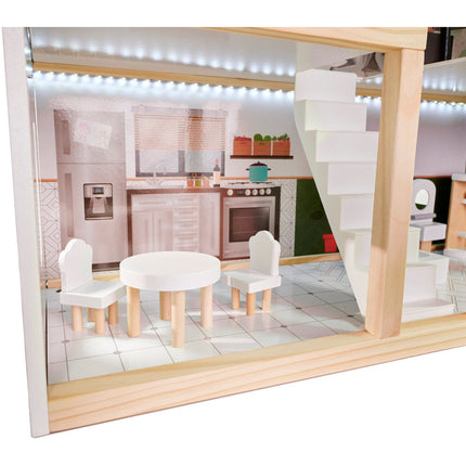 Zeer luxe grote houten poppenhuis/ speelhuis met meubels in boho stijl met LED verlichting78 cm
