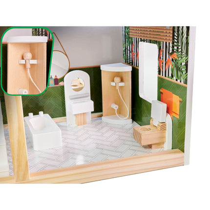 Zeer luxe grote houten poppenhuis/ speelhuis met meubels in boho stijl met LED verlichting78 cm