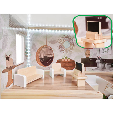 Zeer luxe grote houten poppenhuis/ speelhuis met meubels in boho stijl met LED verlichting78 cm