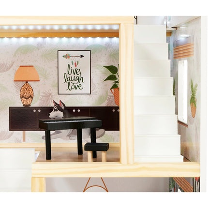 Zeer luxe grote houten poppenhuis/ speelhuis met meubels in boho stijl met LED verlichting78 cm