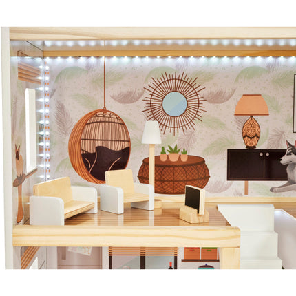 Zeer luxe grote houten poppenhuis/ speelhuis met meubels in boho stijl met LED verlichting78 cm
