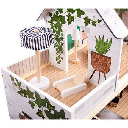 Zeer luxe grote houten poppenhuis/ speelhuis met meubels in boho stijl met LED verlichting78 cm