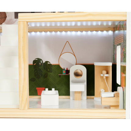 Zeer luxe grote houten poppenhuis/ speelhuis met meubels in boho stijl met LED verlichting78 cm