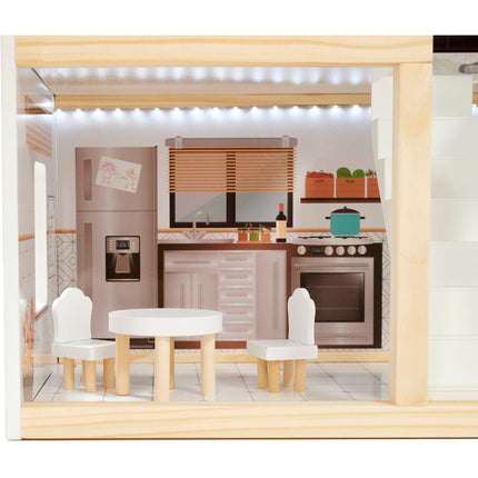 Zeer luxe grote houten poppenhuis/ speelhuis met meubels in boho stijl met LED verlichting78 cm