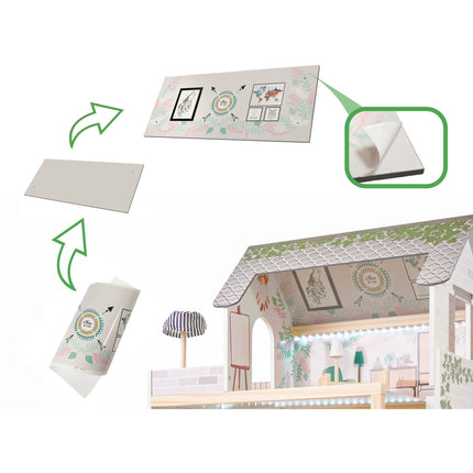 Zeer luxe grote houten poppenhuis/ speelhuis met meubels in boho stijl met LED verlichting78 cm