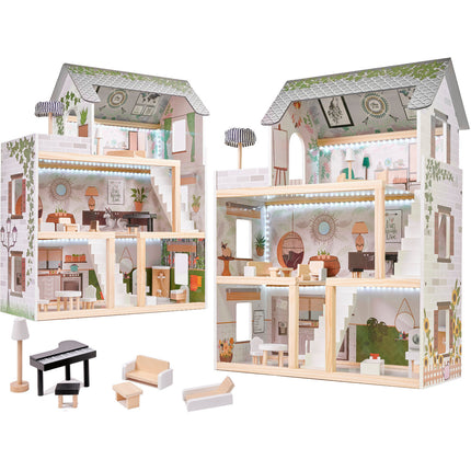 Zeer luxe grote houten poppenhuis/ speelhuis met meubels in boho stijl met LED verlichting78 cm