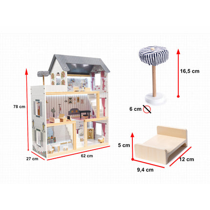 Zeer luxe grote houten poppenhuis/ speelhuis met meubels met LED verlichting 78 cm