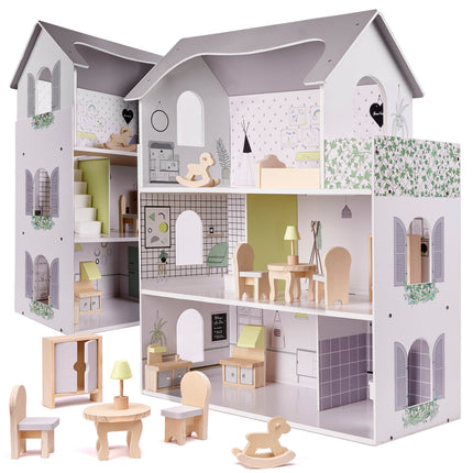 Zeer luxe grote houten poppenhuis/ speelhuis met meubels 70 cm grijs