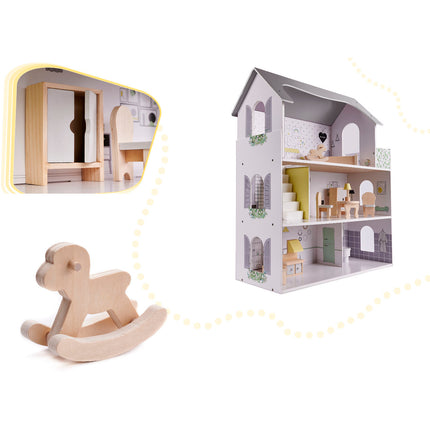 Zeer luxe grote houten poppenhuis/ speelhuis met meubels 70 cm grijs