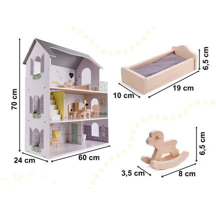 Zeer luxe grote houten poppenhuis/ speelhuis met meubels 70 cm grijs