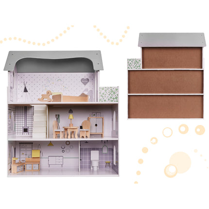 Zeer luxe grote houten poppenhuis/ speelhuis met meubels 70 cm grijs